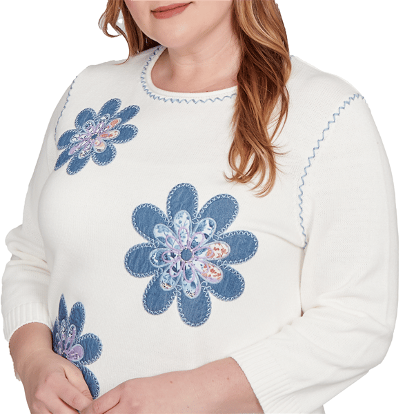 Plus Size Alfred Dunner Hilton Head Denim Floral Sweater