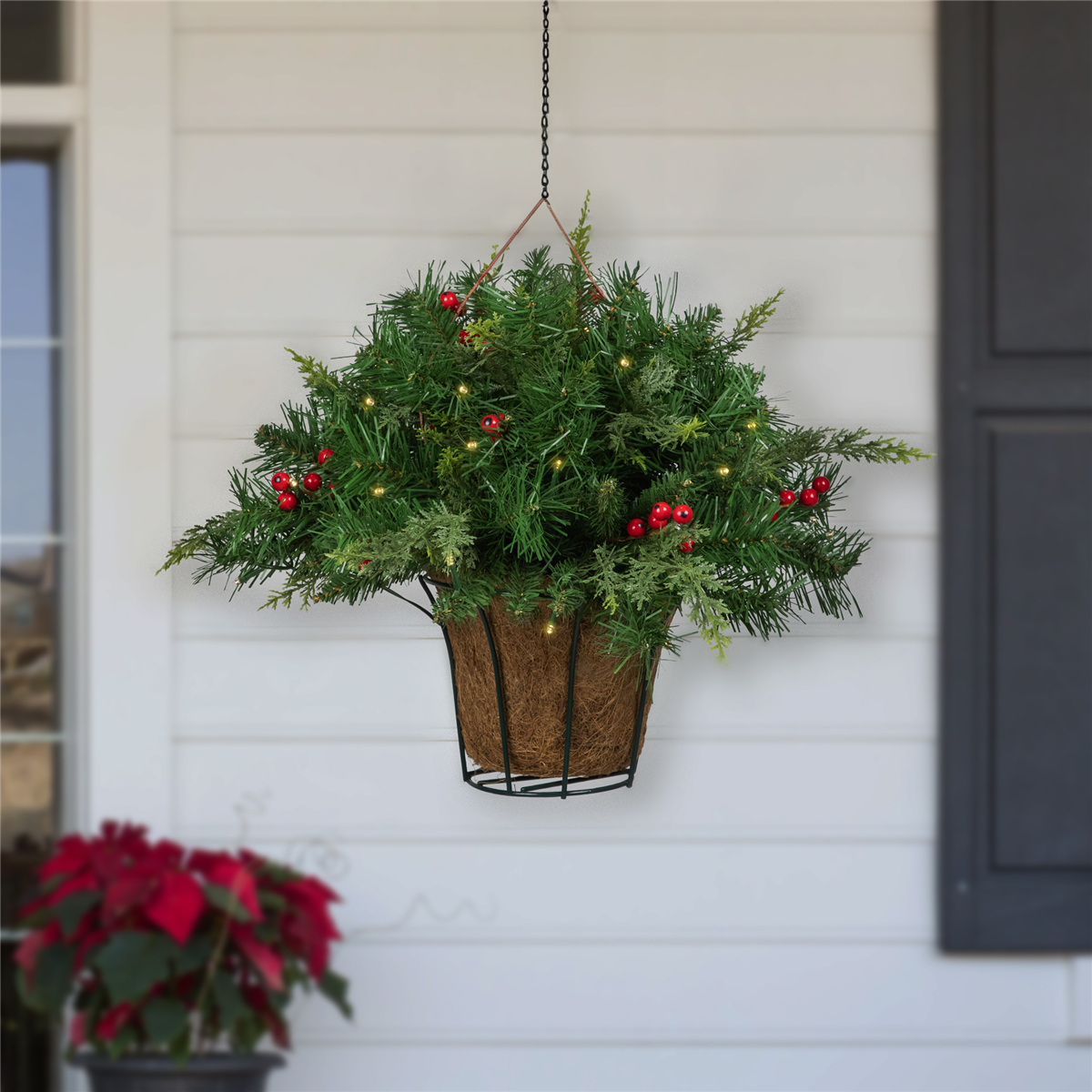 Northlight LED Red Berries & Mixed Pine Hanging Christmas Basket