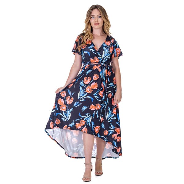 Womens 24/7 Comfort Apparel Black Floral High Low Wrap Dress