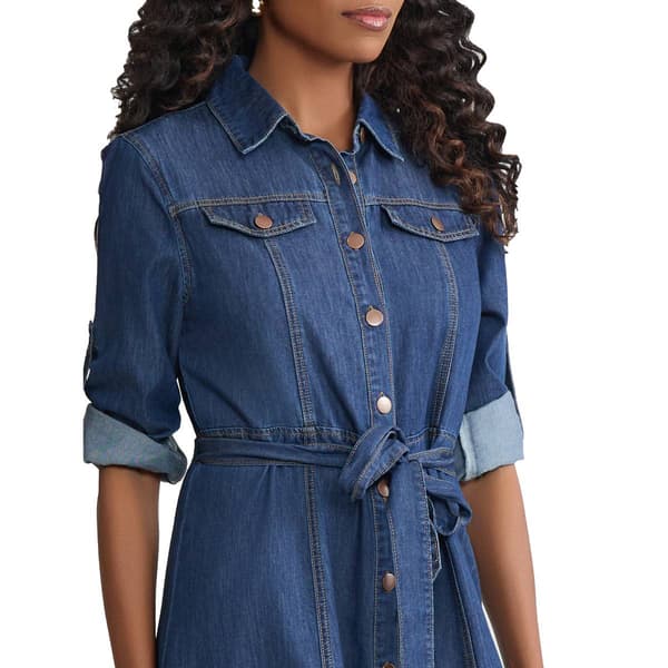 Womens Jones New York Roll Tab Sleeve Belted Shirt Dress