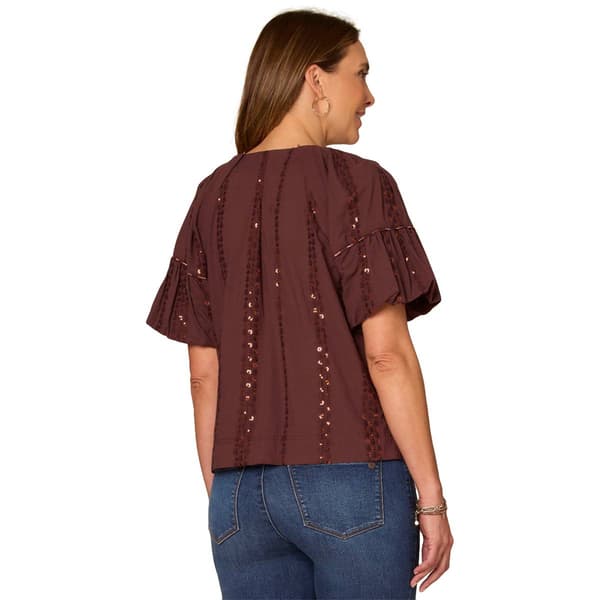 Womens Democracy Spliced V-Neck Embroidered Blouse