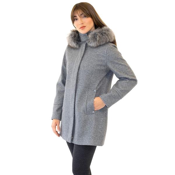 Womens Nine West Full Zip Faux Wool Coat with Faux Fur Hood