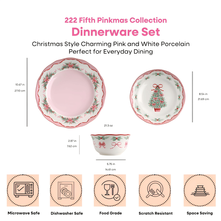 222 Fifth Pinkmas 12pc. Porcelain Christmas Dinnerware Set