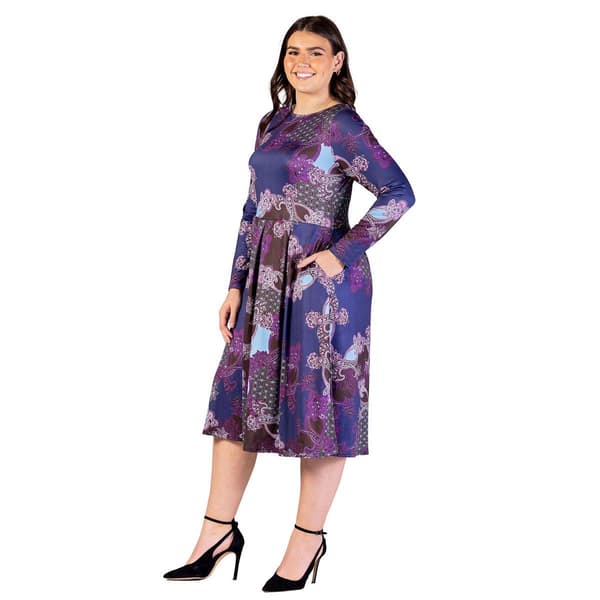 Plus Size 24/7 Comfort Apparel Purple Paisley Midi Pocket Dress