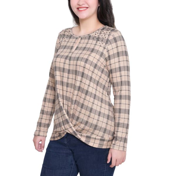 Womens NY Collection Twist Front Plaid Keyhole Blouse