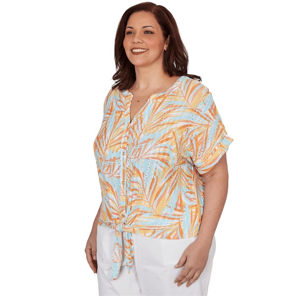 Plus Size Hearts of Palm Fun in the Sun Leaf Tie Front Blouse