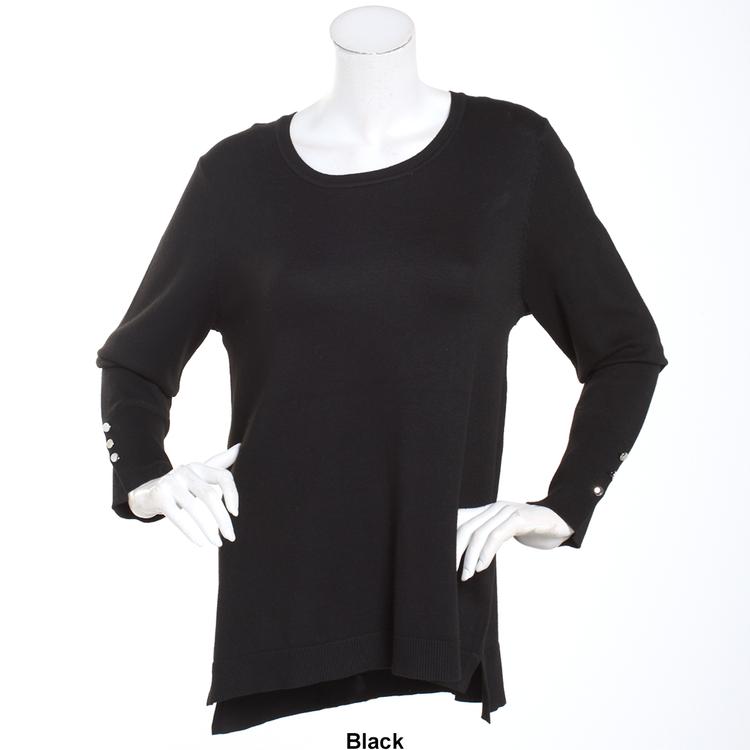 Petite Retrology Crew Neck Button Sleeve Side Slit Sweater