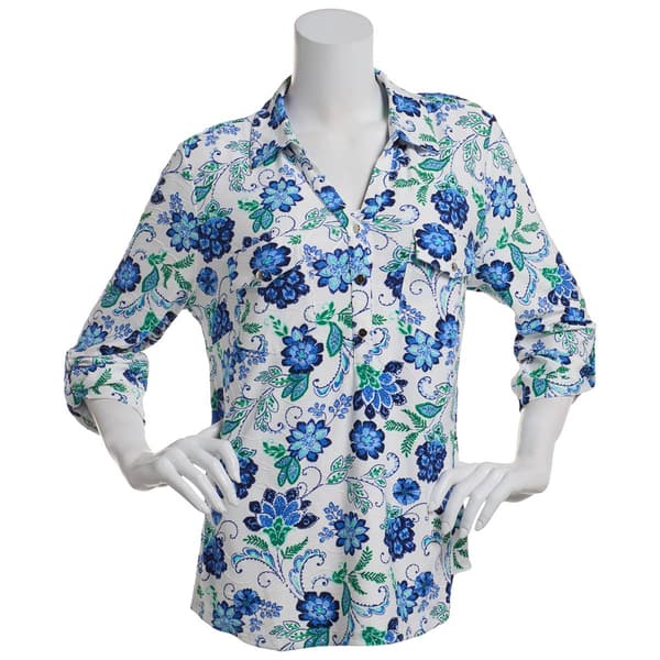 Womens Emily Daniel 3/4 Sleeve Scroll Jacquard Henley Blouse