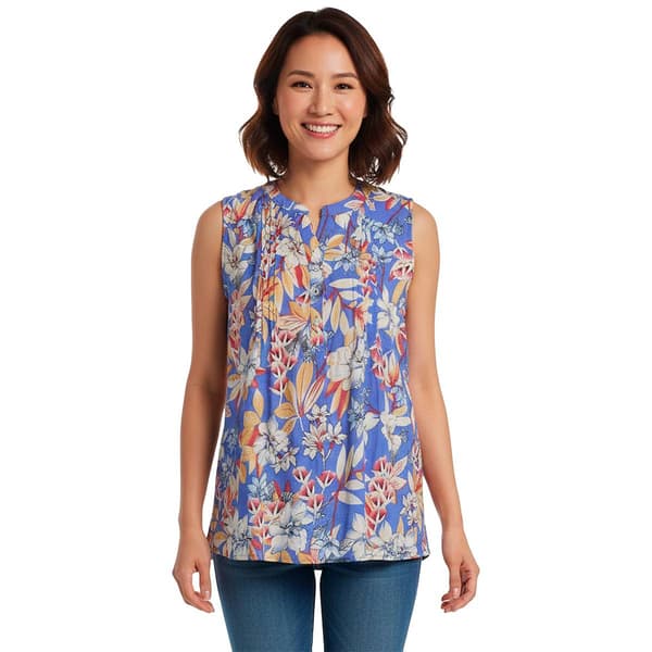 Womens Notations Sleeveless Floral Pleat Button Front Blouse - image 