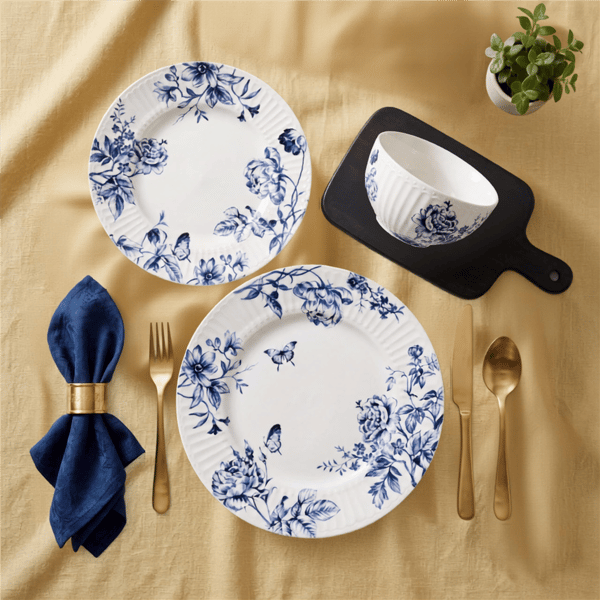 222 Fifth Cassian Embossed Toile Blue 12pc. Dinnerware Set