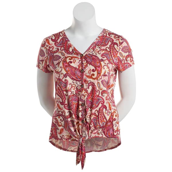 Womens C''est La Vie Short Sleeve Paisley Button/Tie Front Blouse
