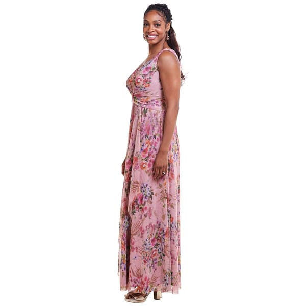 Womens R&amp;M Richards Floral Sleeveless V-Neck Crinkle A-Line Gown