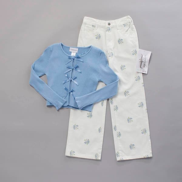 Girls (7-12) Tween Diva 3pc. Bow Sweater & Floral Wide Leg Jeans - image 