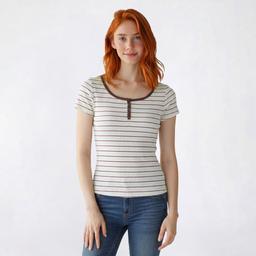 Juniors Pink Rose Short Sleeve Rib Stripe Henley Top