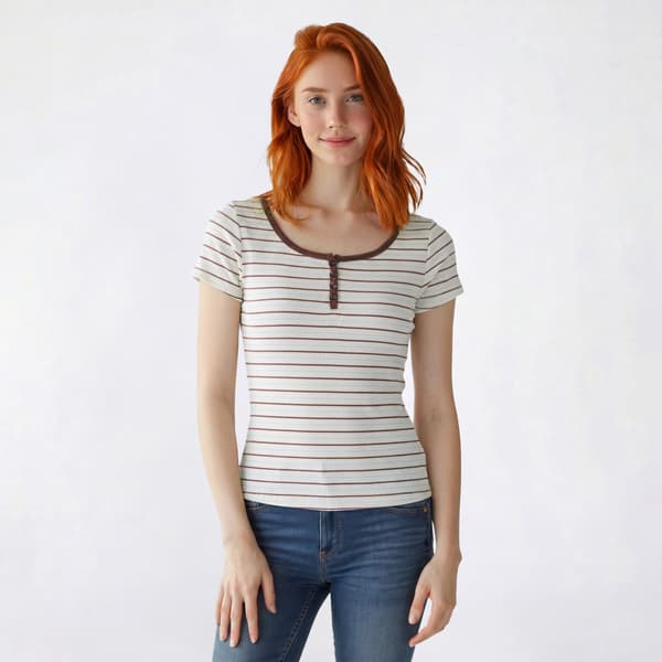 Juniors Pink Rose Short Sleeve Rib Stripe Henley Top - image 