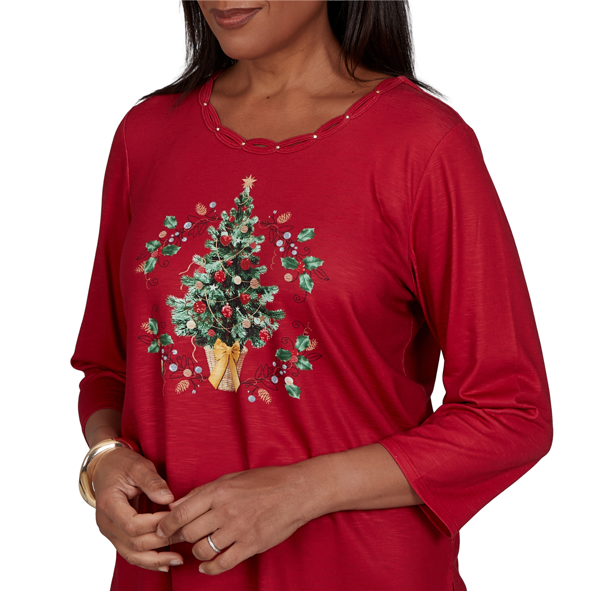 Petite Alfred Dunner Classics 3/4 Sleeve Christmas Tree Blouse