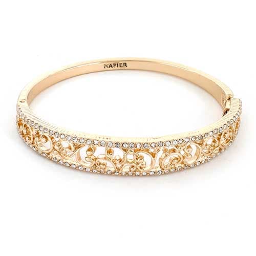 Napier Gold-Tone & Crystal Filigree Hinged Cuff Bracelet - image 