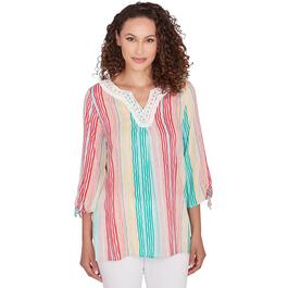 Womens Ruby Rd. Tropical Splash 3/4 Sleeve Woven Wavy Stripe Top