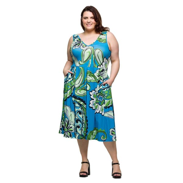 Plus Size 24/7 Comfort Apparel Teal Paisley Pleated Pocket Dress - image 