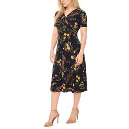 Petite MSK Short Sleeve V-Neck Twist Front Floral Midi Dress