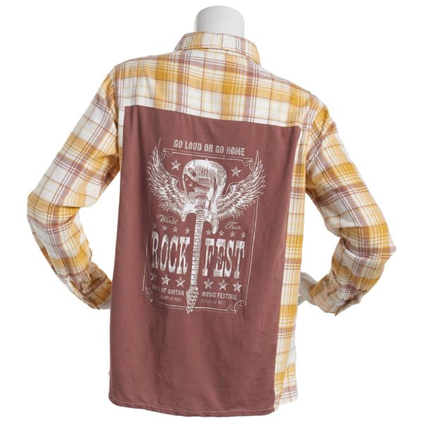 Juniors No Comment Plaid Graphic Back Casual Button Down