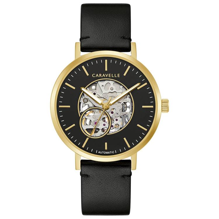 Mens Caravelle Gold Tone Black Leather Strap Watch - 44A121
