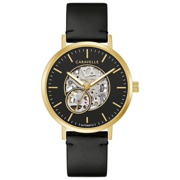 Mens Caravelle Gold Tone Black Leather Strap Watch - 44A121