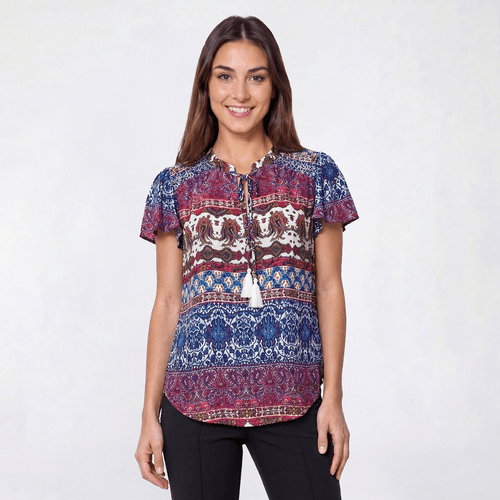 Womens OneWorld Flutter Sleeve Paisley Tie Tassel Blouse - image 