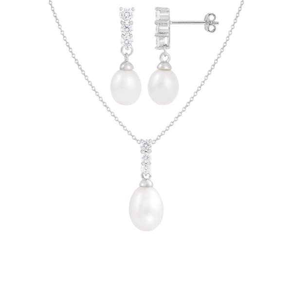 Splendid Pearls Sterling Silver Necklace &amp; Earrings Pearl Set