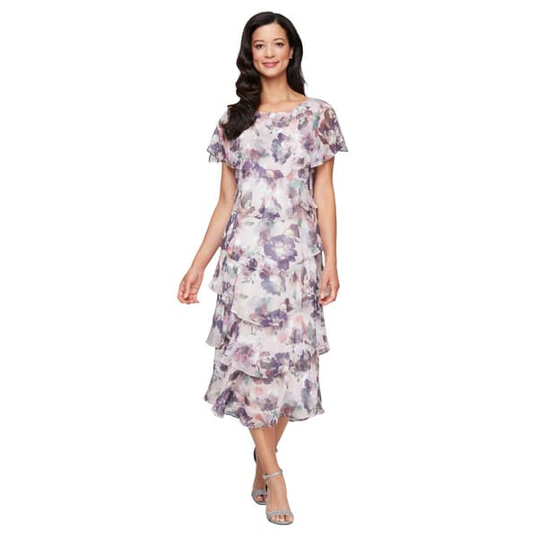 Petite SLNY Floral Print Chiffon Tier Tea Length Dress