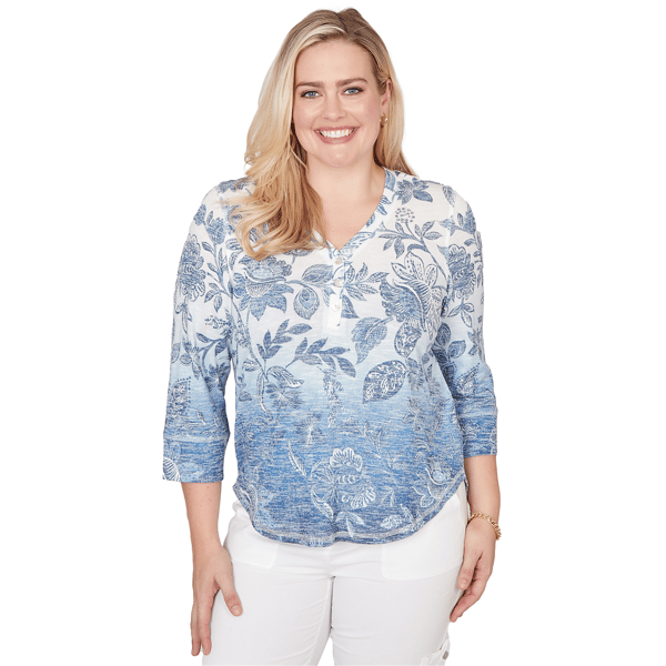 Womens Alfred Dunner Out Of The Blue Ombre Batik Floral Henley T