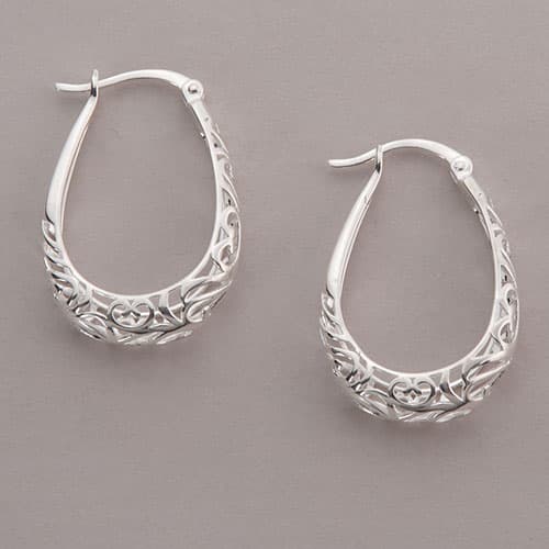 Ellen Tracy Sterling Silver Filigree Oval Hoop Earrings - image 