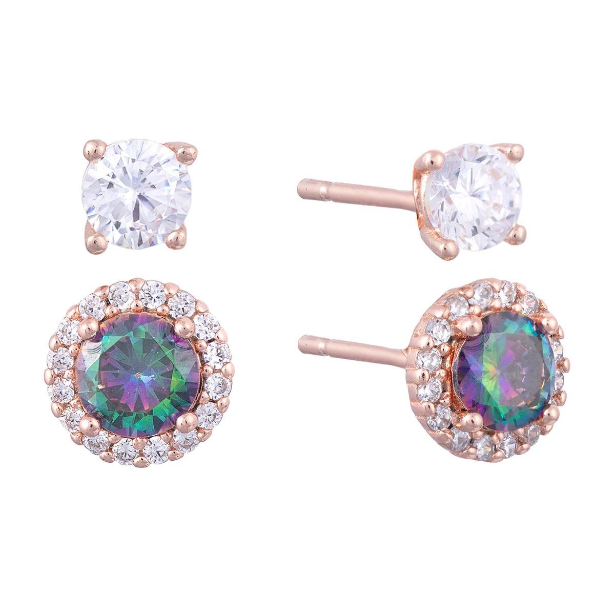 Athra Rose Gold Over Silver 2-Piece CZ Stud Earrings Set