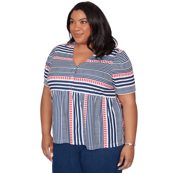 Plus Size Alfred Dunner Port Side V Neck Splice Stripe Blouse