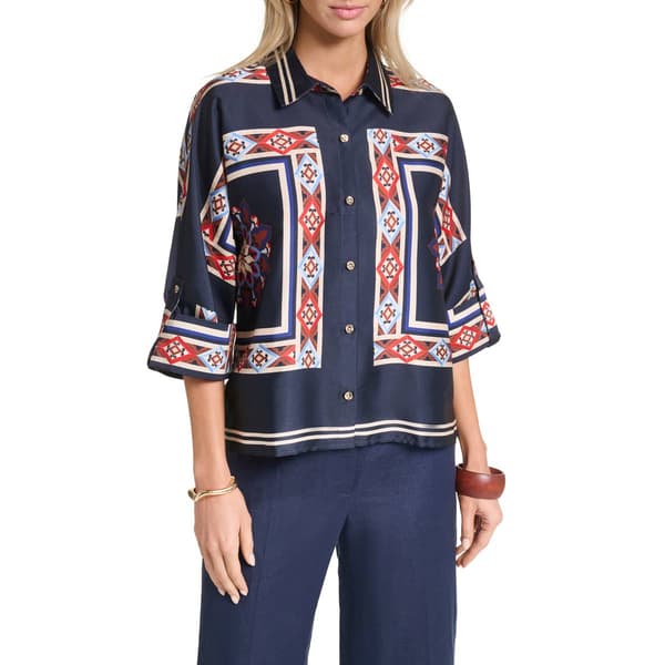 Womens Halston 3/4 Cuff Sleeve Scarf Print Button Front Top