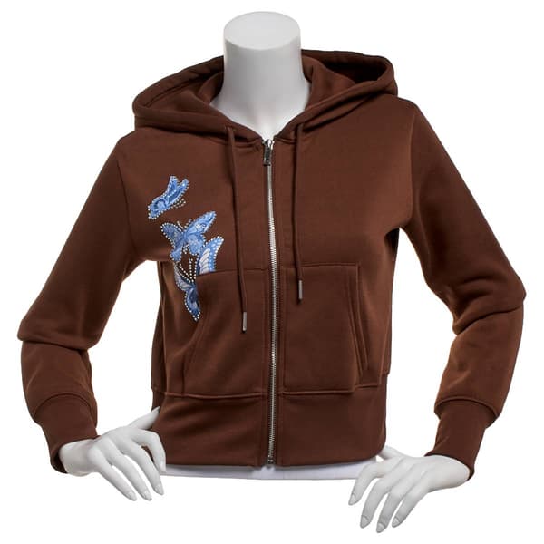 Juniors No Comment Front & Back Foil Screen Zip Up Hoodie-Chestnt