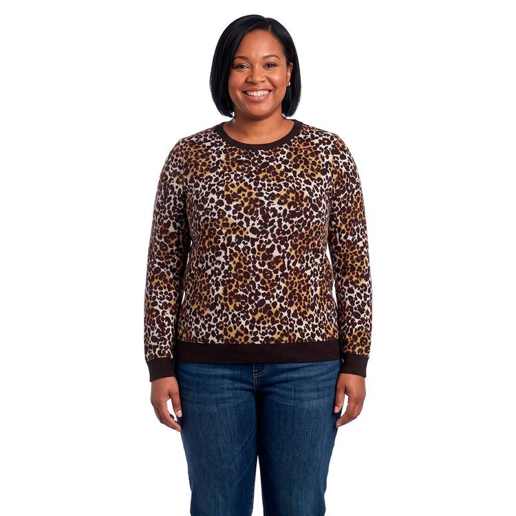 Plus Size Emily Daniels Long Sleeve Crew Neck Leopard Sweater