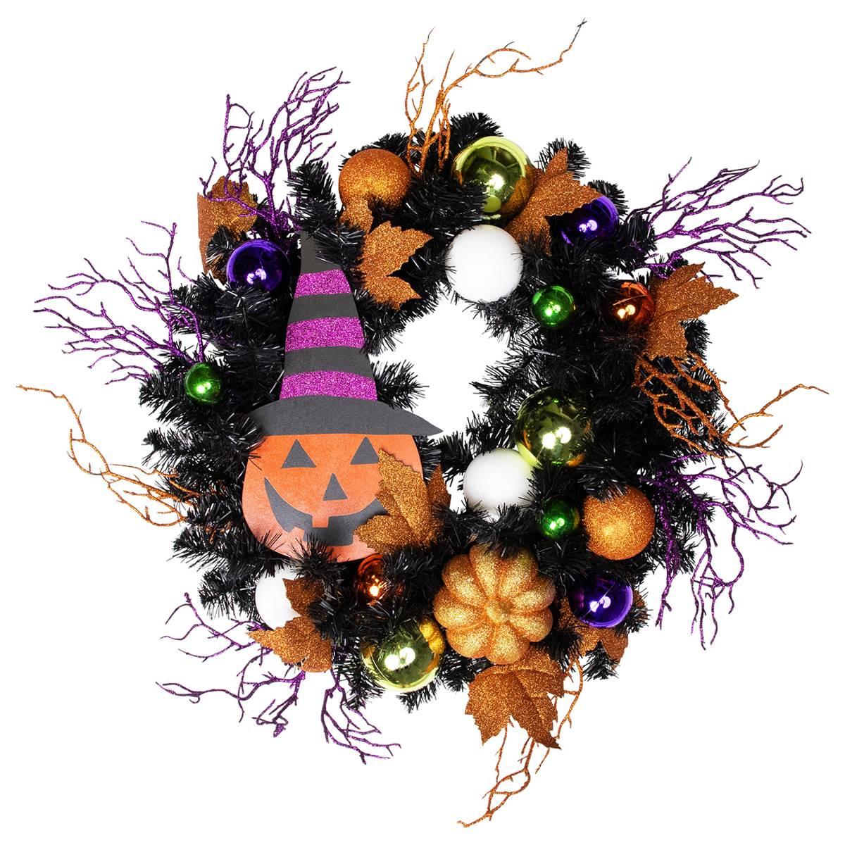 Open Video Modal for Northlight Seasonal Witches Hat Jack-O-Lantern Halloween Wreath