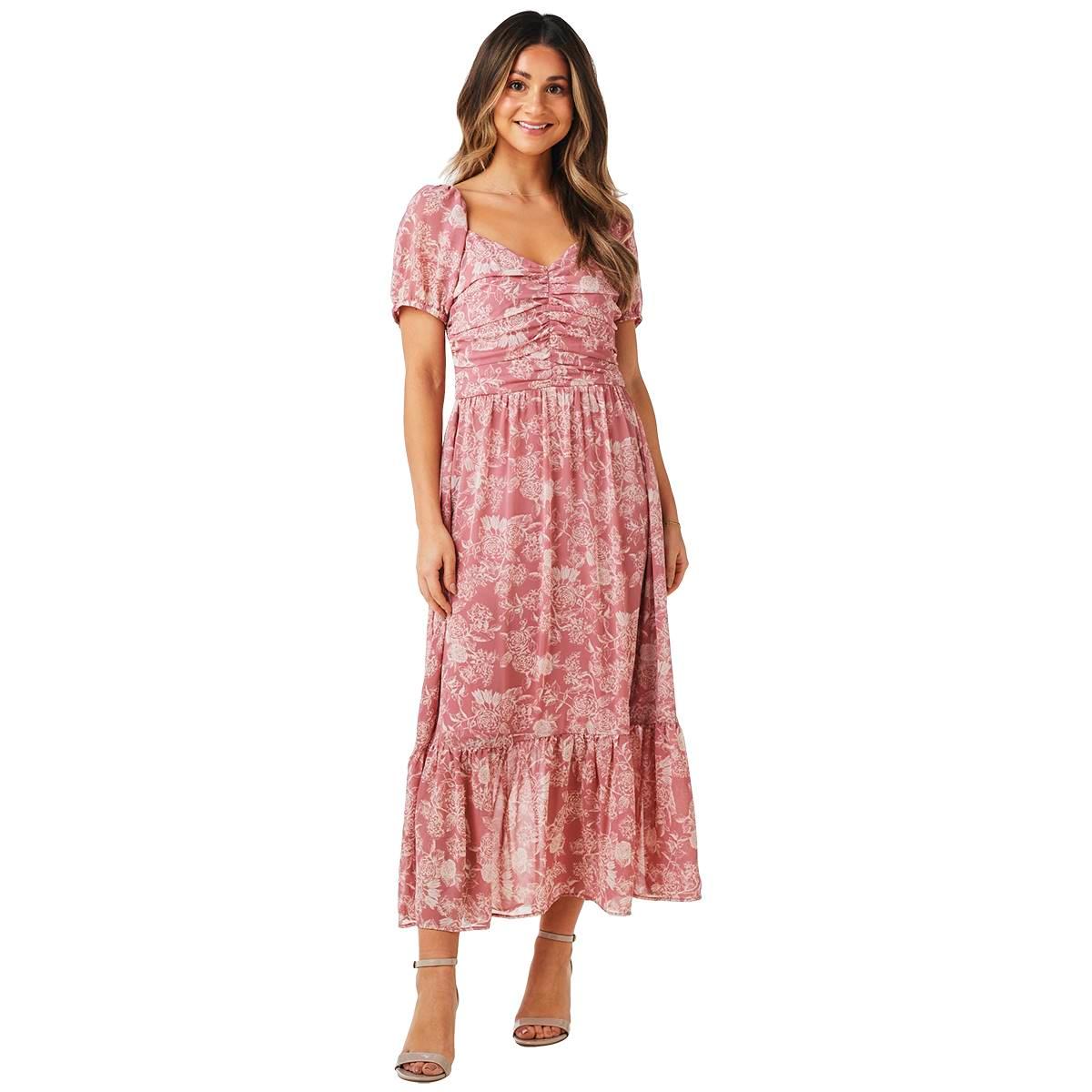 Womens Luxology Short Sleeve Sweetheart Neck Floral Maxi...