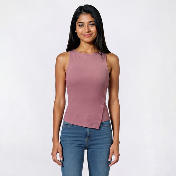 Juniors No Comment Asymmetrical Button Ribbed Tank Top - image 