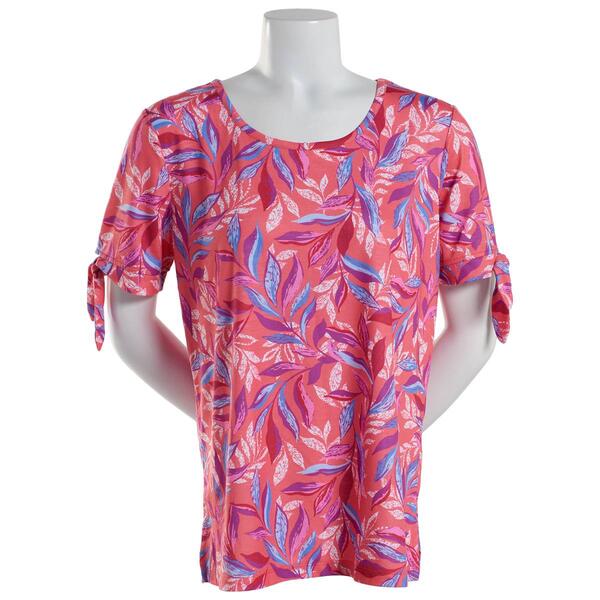 Petite Emily Daniels Short Tie Sleeve Coral Tropical Leaf Blouse - image 