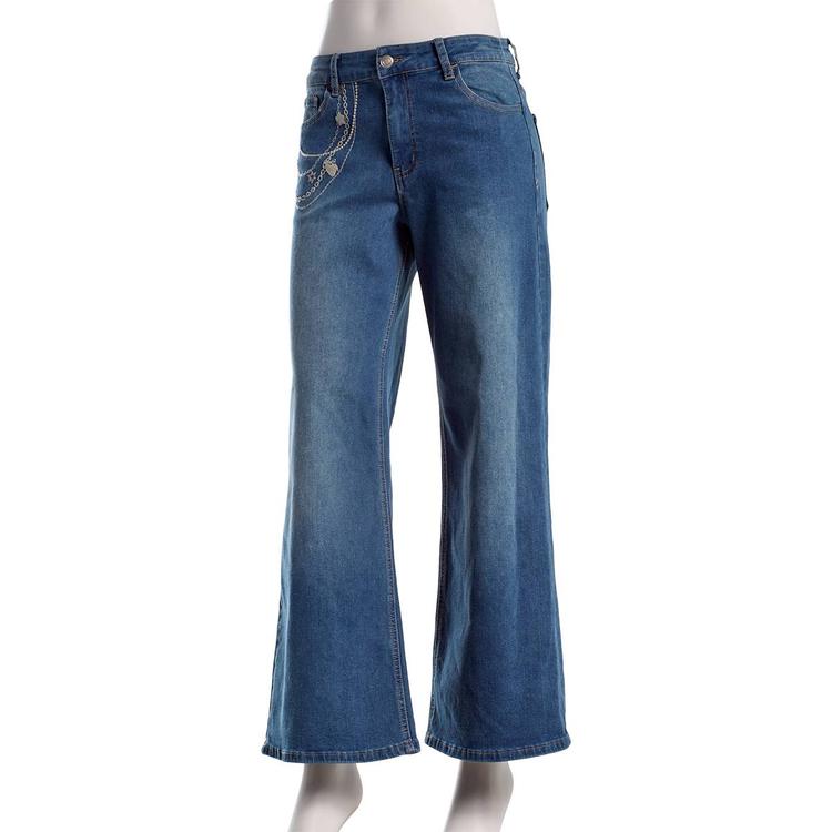 Juniors No Comment Mid Rise Wide Leg Chain Embroidered Jeans