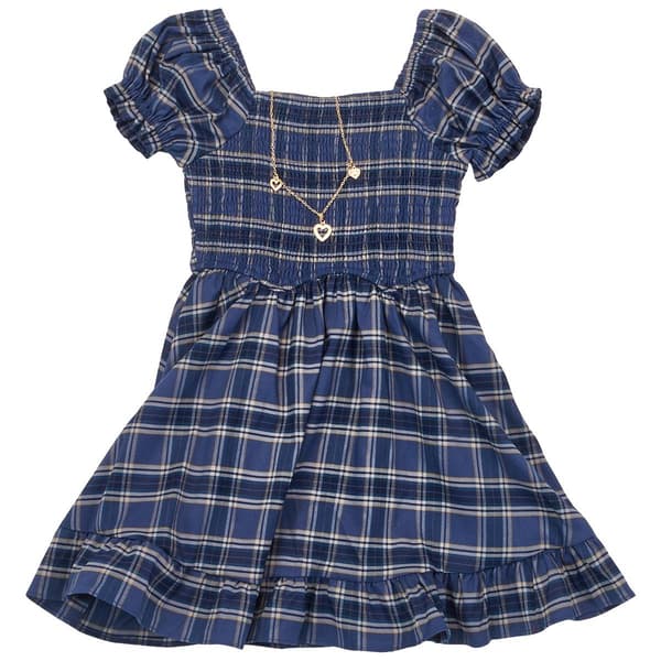 Girls (7-16) Rare Editions Plaid Smocked Dress w/ Necklace