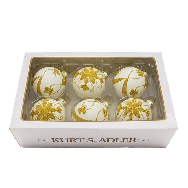 Kurt Adler 80mm White Balls w/ Gold Beads 6pc. Set