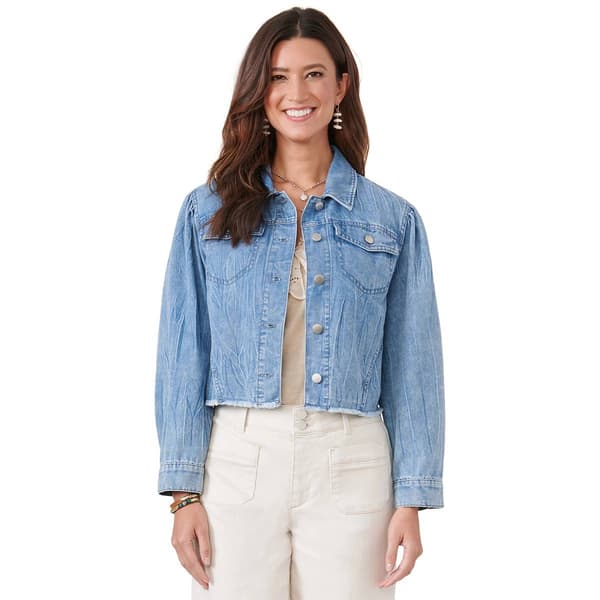 Womens Democracy Long Sleeve Button Up Puff Sleeve Denim Jacket - image 