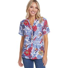 Petite Multiples Roll Cuff Sleeve Tropical Reef Print Blouse