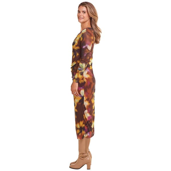 Womens Kathy Ireland Long Sleeve Mesh Ruched Midi Dress