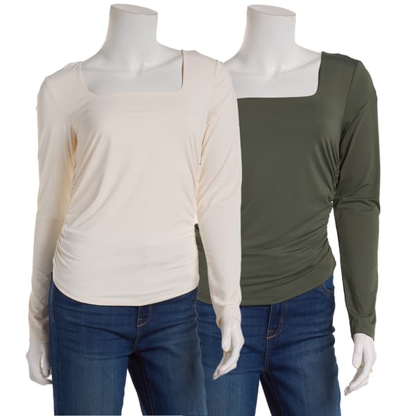 Juniors Pink Rose 2pk. Long Sleeve Square Neck Side Ruched Top - image 