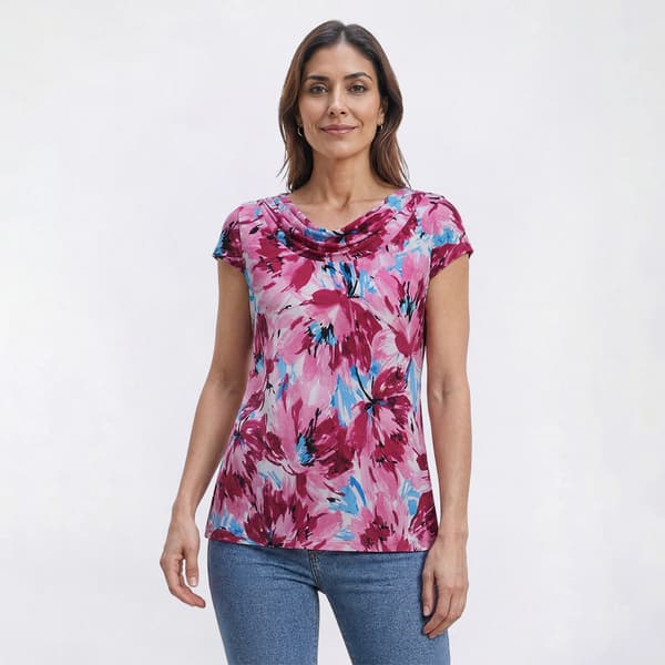 Womens Kasper Cap Sleeve Cowl Neck Abstract Floral Blouse - image 