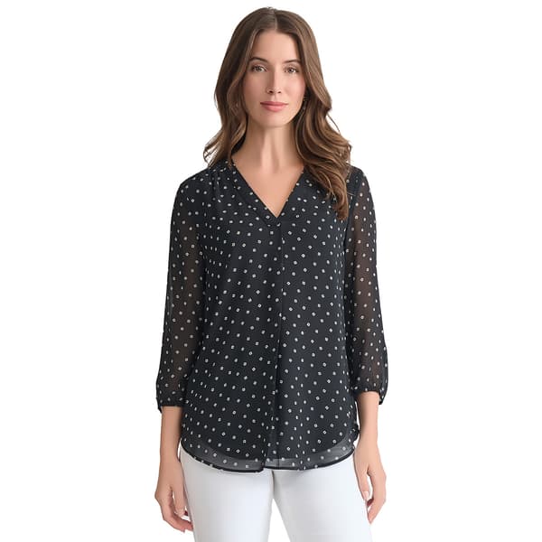 Womens Jones New York Kelly Long Sleeve V-Neck Dot Blouse - image 
